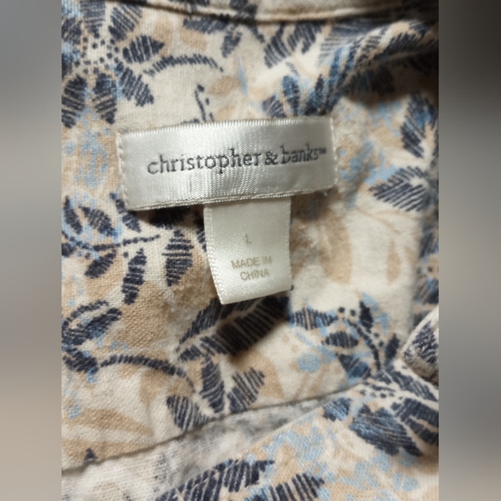 Linen Blend Christopher & Banks Large Blue Tan Cream Floral Summer Jacket Coasta - Picture 3 of 7
